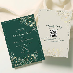 Convites Casamento Código QR Clássico Verde Esmeralda