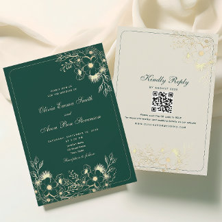Convites Casamento Código QR Clássico Verde Esmeralda