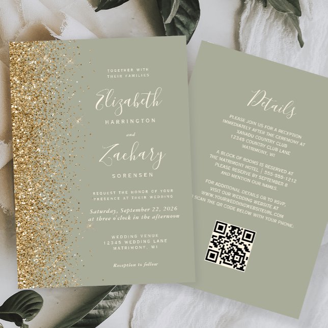 Convites Casamento Código QR com Brilho Dourado em Verde Sa (Criador carregado)