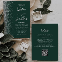 Convites Casamento Código QR com Brilho Prata Verde Esmeral