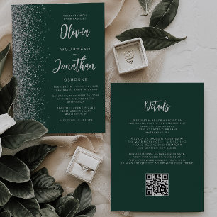 Convites Casamento Código QR com Brilho Prata Verde Esmeral