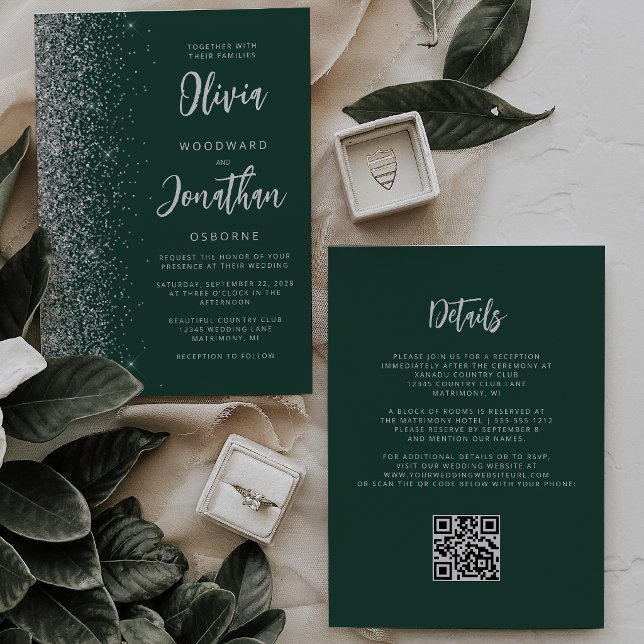 Convites Casamento Código QR com Brilho Prata Verde Esmeral (Criador carregado)