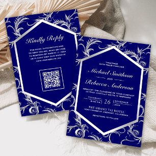 Convites Casamento Código QR com Redemoinho Florido Azul Pr