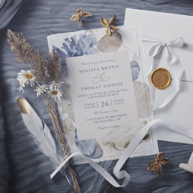 Convites Casamento código qr concha azul praia costeira (Criador carregado)
