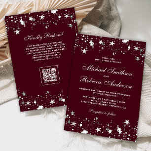 Convites Casamento Código QR Confete Burgundy Estrela Prata