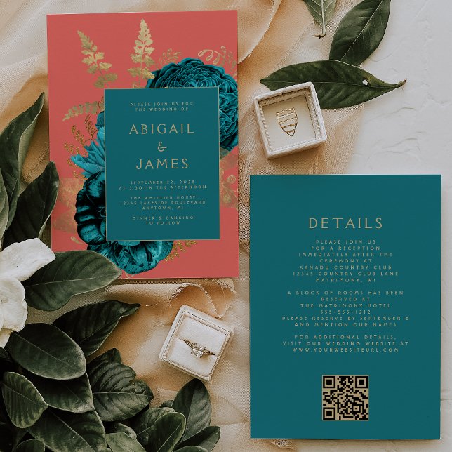 Convites Casamento Código QR Coral Teal Floral Elegante (Criador carregado)