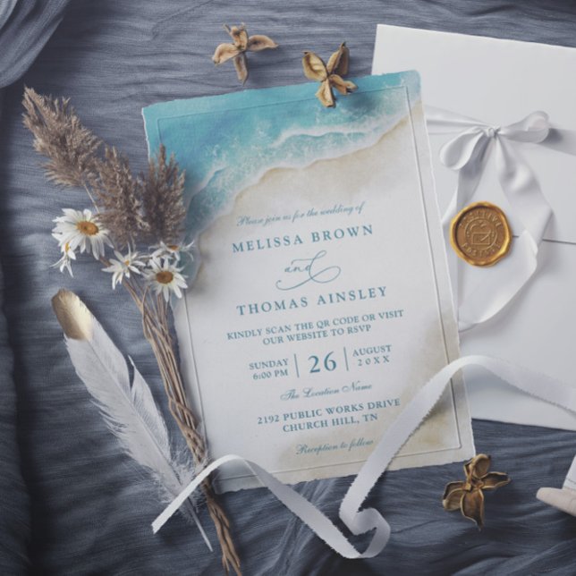 Convites Casamento Código QR Costeiro Praia Oceano Aquarela (Criador carregado)