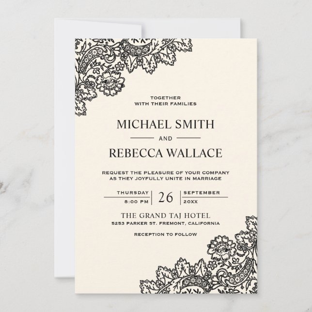 Convites Casamento Código QR Creme de Marfim com Renda Pret (Frente)