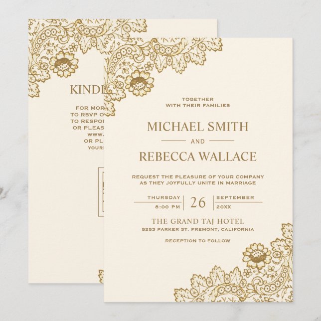 Convites Casamento Código QR Creme Marfim com Renda Dourada (Frente/Verso)