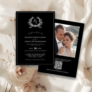 Convites Casamento Código QR Crista Monograma Preto Elegant