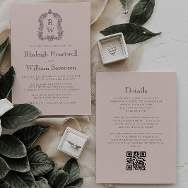 Convites Casamento Código QR Crista Monograma Rosa Corado