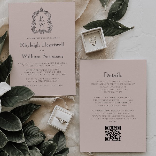 Convites Casamento Código QR Crista Monograma Rosa Corado (Criador carregado)