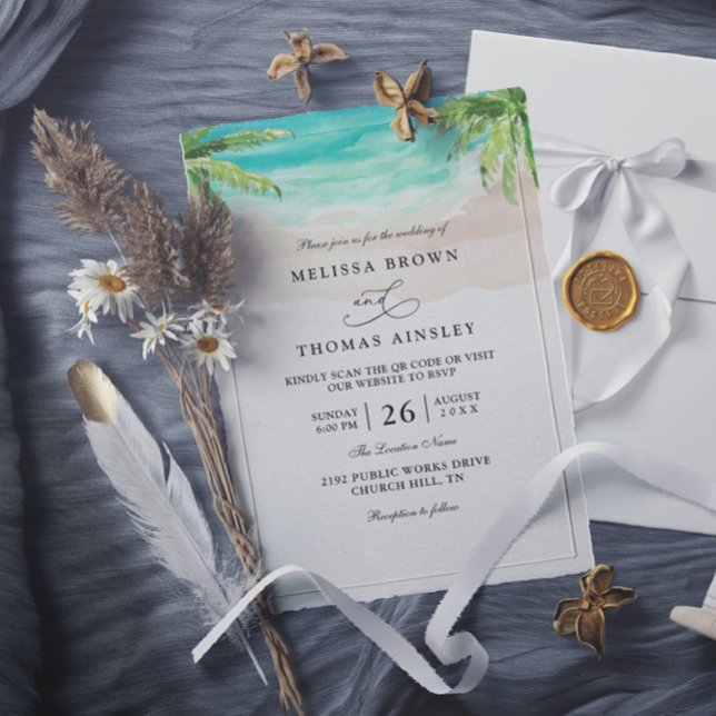 Convites Casamento Código QR da Palma da Praia Tropical Aqu (Criador carregado)