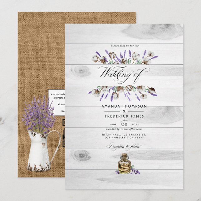 Convites Casamento Código QR de Algodão Lavanda Rústico Cou (Frente/Verso)