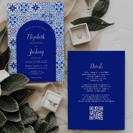 Convites Casamento Código QR de Azulejo Português Arco Azul