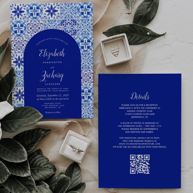 Convites Casamento Código QR de Azulejo Português Arco Azul (Criador carregado)