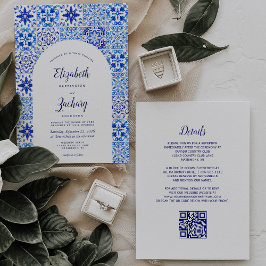 Convites Casamento Código QR de Azulejo Português Arco Azul