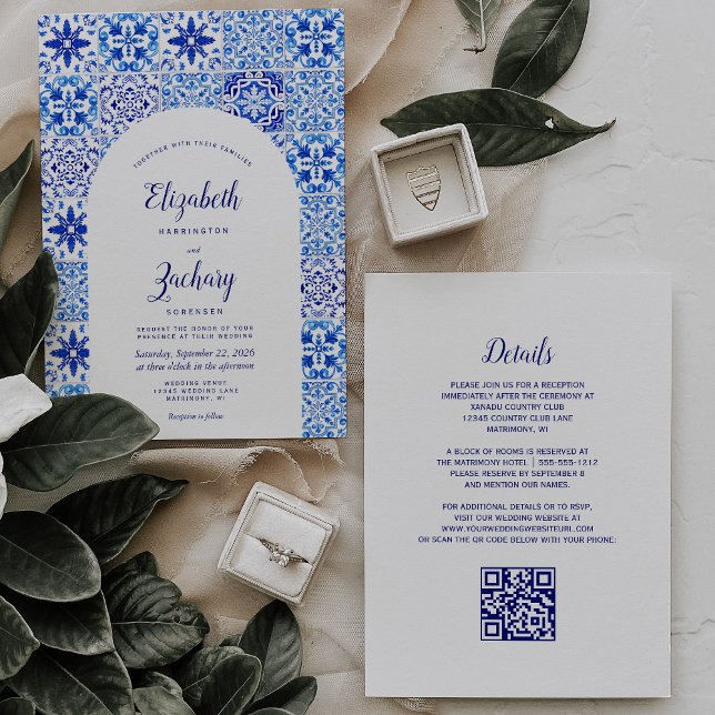 Convites Casamento Código QR de Azulejo Português Arco Azul (Criador carregado)