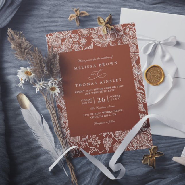 Convites Casamento Código QR de Flor Silvestre Terracota Bo (Criador carregado)