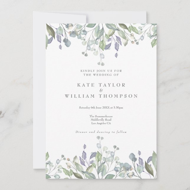 Convites Casamento Código QR de Folhagem Lilás Sage Floral (Frente)