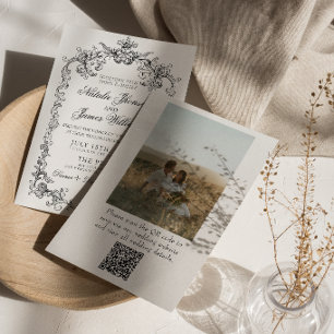 Convites Casamento Código QR de Foto Antiga em Preto e Bran