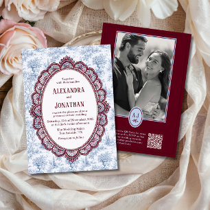 Convites Casamento Código QR de Foto de Renda Vintage Azul