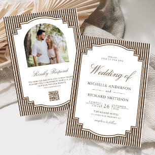 Convites Casamento Código QR de Foto Listrada de Marrom Cho