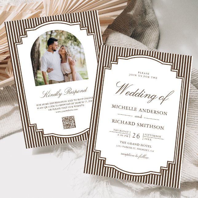 Convites Casamento Código QR de Foto Listrada de Marrom Cho (Criador carregado)
