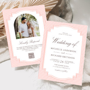 Convites Casamento Código QR de Foto Listrada Rosa Coral Pa