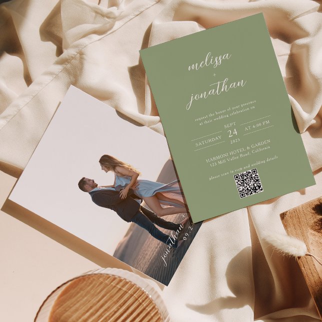 Convites Casamento Código QR de Foto Script Verde Sálvia Cl (Criador carregado)