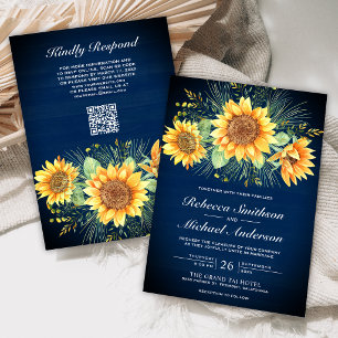 Convites Casamento Código QR de Girassóis de Madeira Azul-M