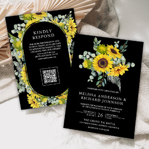 Convites Casamento Código QR de Girassóis Eucalipto Preto