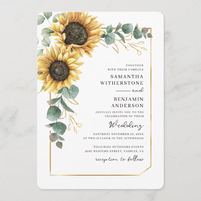 Convites Casamento Código QR de Girassol Eucalipto Floral (Frente)