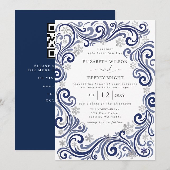 Convites Casamento Código QR de Inverno Flocos de Neve Mari (Frente/Verso)