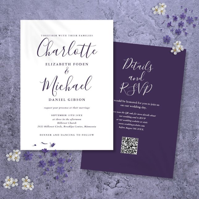 Convites Casamento Código QR de Letra Moderna Roxa (Purple Modern Script QR Code Wedding Invitation)
