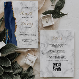 Convites Casamento Código QR de Mármore Azul Naval Ágata Do