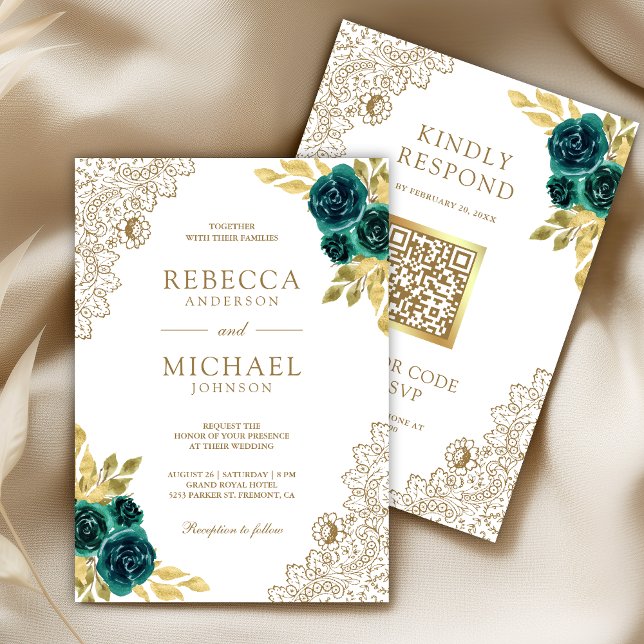 Convites Casamento Código QR de Renda de Ouro Branco Floral (Criador carregado)