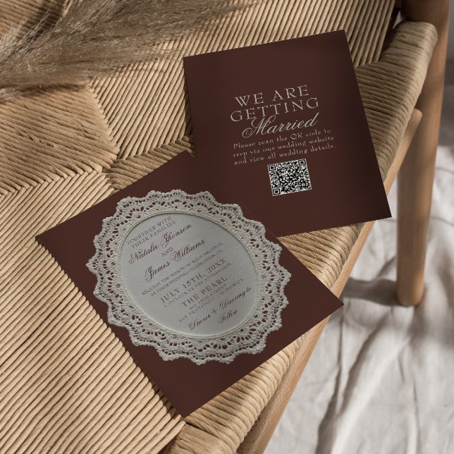 Convites Casamento Código QR de Renda Marrom Chocolate Vint (Criador carregado)