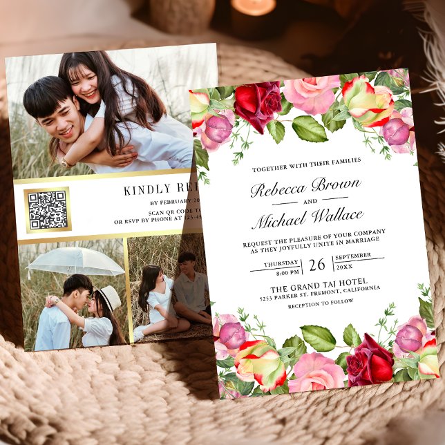 Convites Casamento Código QR de Rosas Rosa e Vermelhas Româ (Criador carregado)