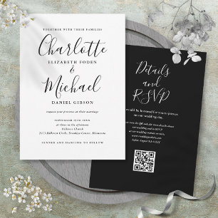 Convites Casamento Código QR de Script Elegante Preto e Bra