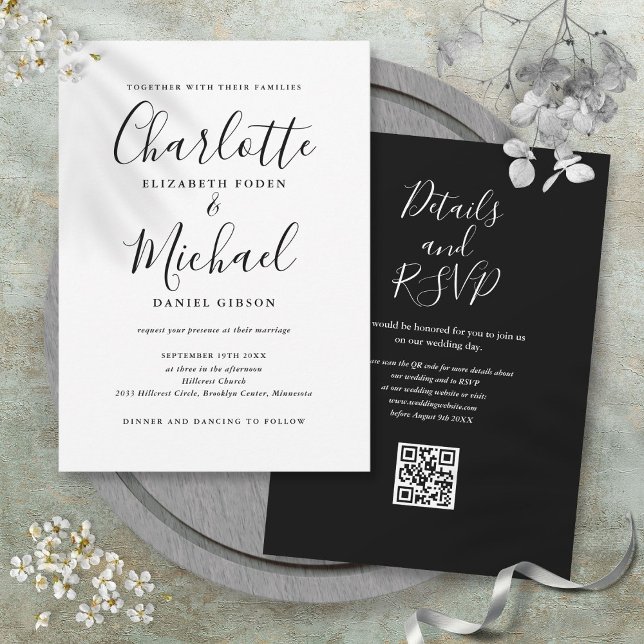 Convites Casamento Código QR de Script Elegante Preto e Bra (Black And White Elegant Script QR Code Wedding Invitation)