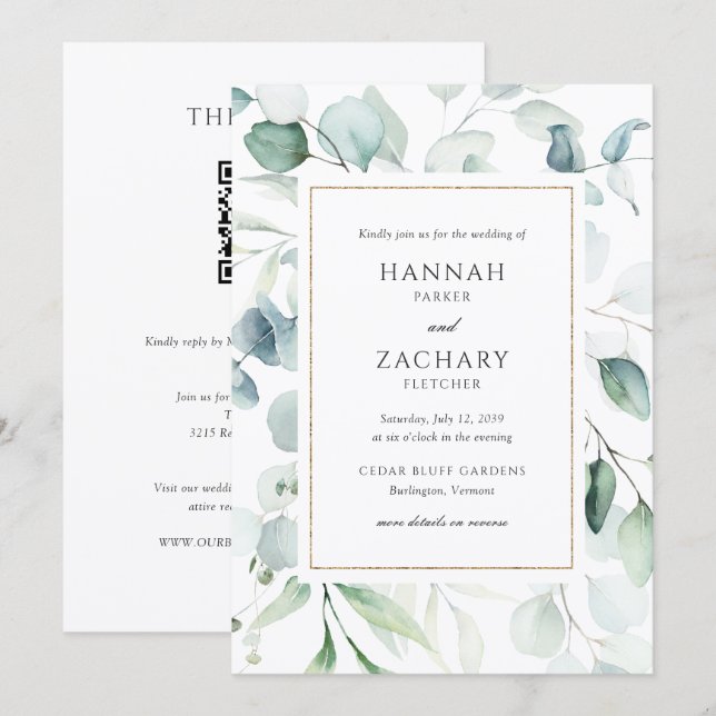 Convites Casamento Código QR de Vegetação em Aquarela Elega (Frente/Verso)