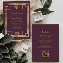 Casamento Código QR Deco Dourado Borgonha Edição d