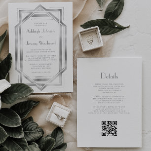 Convites Casamento Código QR Deco Vintage Prata Branca 1920