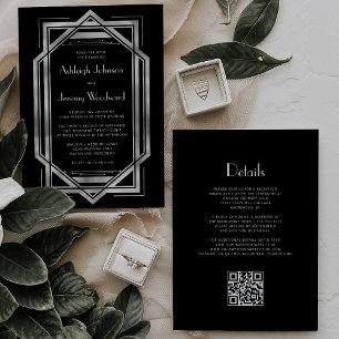 Convites Casamento Código QR Deco Vintage Preto Prata 1920