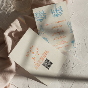Convites Casamento Código QR Desenhado à Mão Laranja Azul