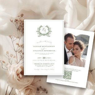 Convites Casamento Código QR do Brasão de Monograma Verde O