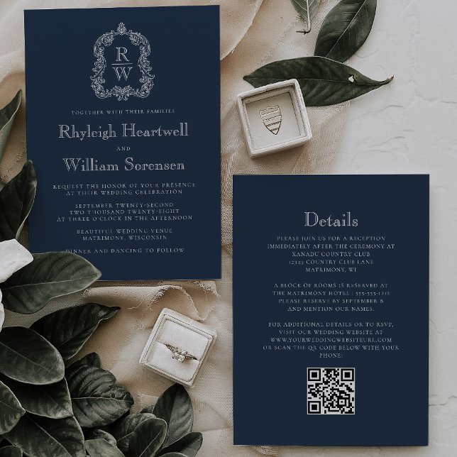 Convites Casamento Código QR do Brasão Monograma Azul Marin (Criador carregado)