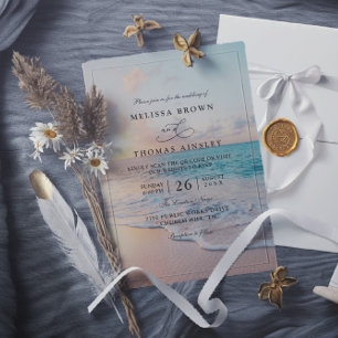 Convites Casamento Código QR do Pôr do Sol na Praia Pastel