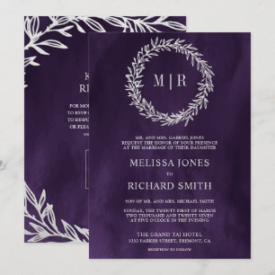 Convites Casamento Código QR do Ramo de Folha de Prata Roxo